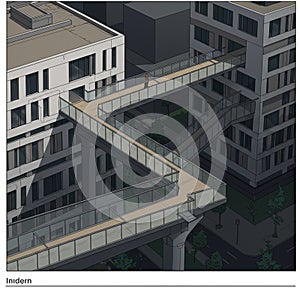 A modern architectural design featuring elevated walkways connecting multi-story