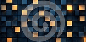 A modern architectural design featuring a grid of illuminated windows