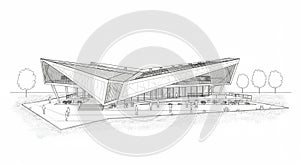 A modern architectural design featuring sharp, angular lines and an asymmetrical