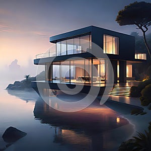 modern architectural design of a luxury villa on the seafront with flowing shapes