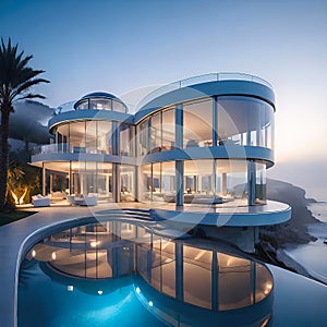 modern architectural design of a luxury villa on the seafront with flowing shapes