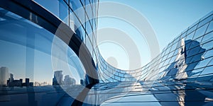 Modern architectural elegance: Upward view of a futuristic skyscraper\'s curved glass facade reflecting the clear blue sky