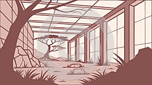 Modern Architectural Interior with Large Windows and Tree View, vector design Generative AI