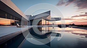 Modern Architectural Marvel - Sharp Angles and Reflection Pools Minimalist Elegance