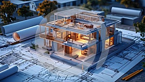 Modern architectural model on blueprint with blue background, project planning, architectural design