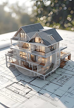 Modern architectural model on blueprint in sunlight, symbolizing future construction