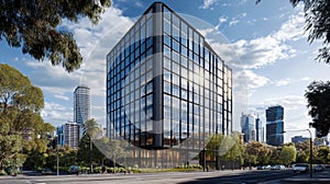 Modern Architectural Office Building with Glass Facade and Trees