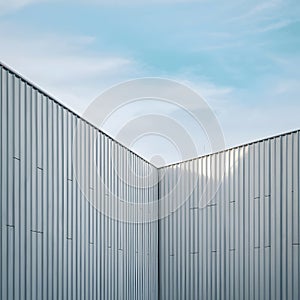 Modern architectural space with ribbed panels, light blue sky, tranquil atmosphere, clean design.