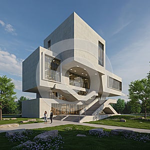 Modern architectural structure with a minimalist design, featuring large cubic forms