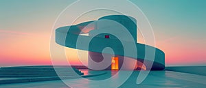 Modern architectural structure with unique spiral design and sunset