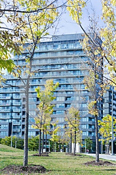 Modern architecture apartment complex park trees