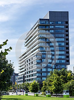 Modern architecture apartment complex park trees