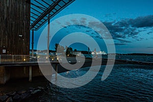 Modern architecture of Astrup Fearnley Museum on Tjuvholmen island at twilight, Oslo, Norway