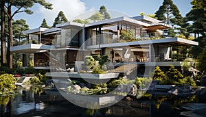 Modern architecture blends with nature in luxurious swimming pool surroundings generated by AI