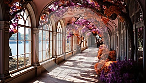 Modern architecture blends with nature in a purple flower window generated by AI