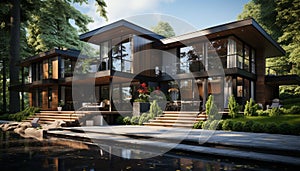 Modern architecture, building exterior, summer grass, tree, nature, luxury home ownership generated by AI