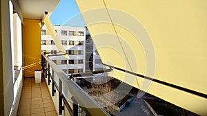 Modern architecture building facade with awnings.