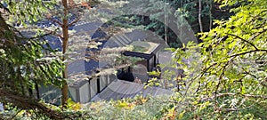 Modern architecture building in the forest. View from abowe