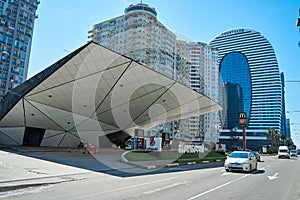 Modern architecture in the city of Batumi. A design building with a strange shape