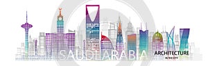 Modern architecture cityscape skyscraper Saudi arabia with halftone colorful