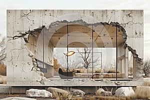 Modern Architecture: a crumbling concrete wall and a sleek, modern living room, visible through an irregular opening.