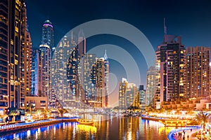 modern architecture of Dubai marina at night. Unites Arab Emirates
