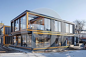 Modern Architecture Eco friendly Office Building Exterior with Glass Facade and Solar Panels on a Sunny Day