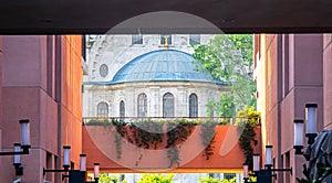 Modern architecture of galataport center courtyard and cihangir mosque photo