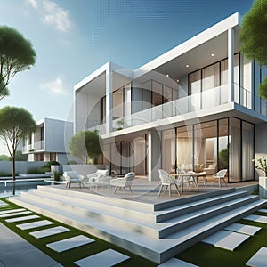 Modern architecture house with white facade, windows, and sleek architectural design.
