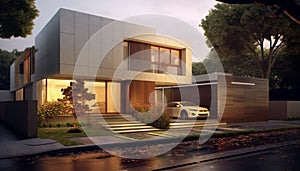 Modern architecture illuminates luxury home ownership in the cityscape twilight generated by AI