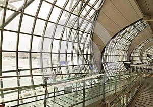 Modern architecture interior design of Metal structure and glass at Suvarnabhumi Departure Terminal