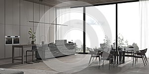 Modern architecture. Luxury minimalism interior design kitchen and dining room