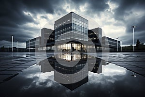 Modern architecture of office building made of steel-colored glass against cloudy sky with clouds. Dusk, early evening