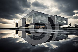 Modern architecture of office building made of steel-colored glass against cloudy sky with clouds. Dusk, early evening, puddles