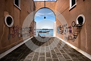 Modern architecture in the old center of Venice. Residential area. Streets of the old city. Venice. Veneto