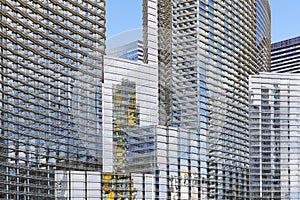 Modern architecture, panoramic view of multicolor reflecting glass walls, Las Vegas, USA