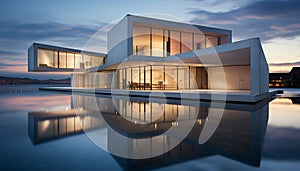 Modern architecture reflects in the night, building exteriors with dusk design generated by AI
