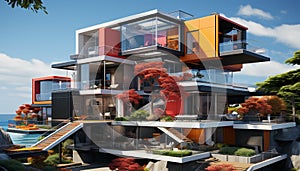 Modern architecture in a residential district, showcasing luxurious home ownership generated by AI