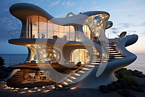 Modern architecture on the seashore at sunset. 3d render, A creatively designed house by the seaside!, AI Generated