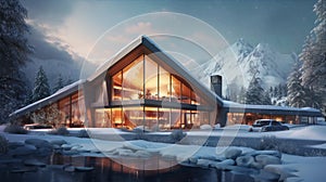 Modern architecture in snowy landscape