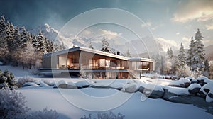 Modern architecture in snowy landscape