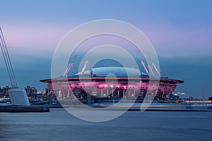 Modern architecture tower on a sunset background. St. Petersburg. Russia. radiance of lights, panorama of the city. Stadium, flyin