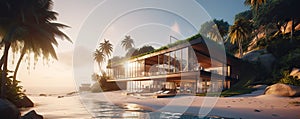 Modern architecture of villa on beach in tropical paradise at calm atmosphere of sunset.