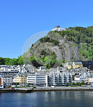 Modern area of Alesund below Mount Aksla