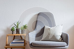 Interior design, modern living, armchair, succulents