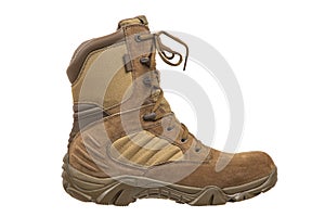 Modern army combat boots. New desert beige shoes. Isolate on a white back