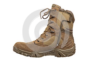 Modern army combat boots. New desert beige shoes. Isolate on a white back