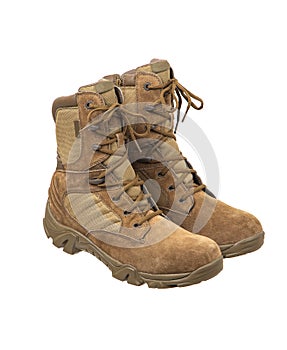 Modern army combat boots. New desert beige shoes. Isolate on a white back