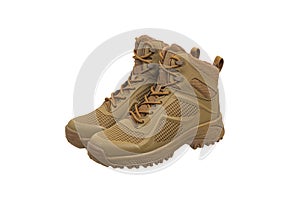 Modern army combat boots. New desert beige shoes. Isolate on a white back