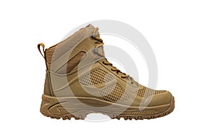 Modern army combat boots. New desert beige shoes. Isolate on a white back